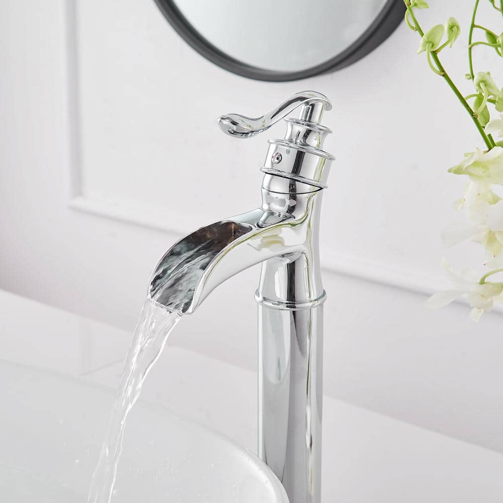 Polished Chrome Tall Waterfall Vessel Sink Faucet with Lever Handle