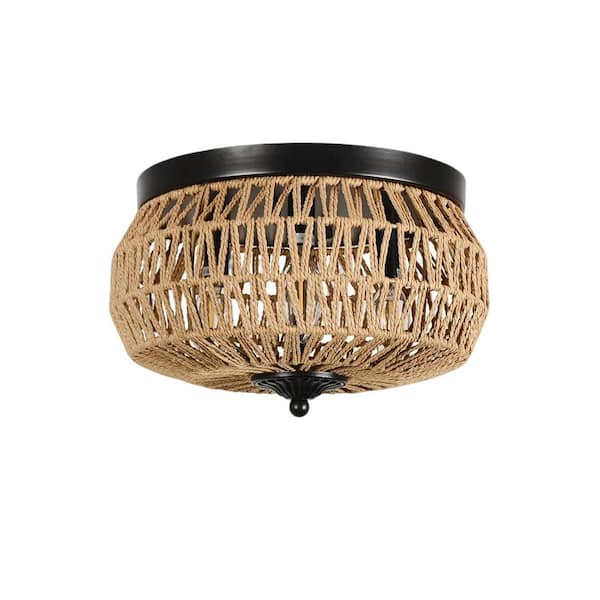 13 in. 3-Light Rattan Flush Mount Ceiling Light With Handcrafted Cage Shade For Bedroom, Kitchen, Foyer, Porch