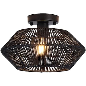 Semiko 12.6 in. 1-Light Black Hand-Woven Rattan Caged Semi Flush Mount Ceiling Light With Black Shade