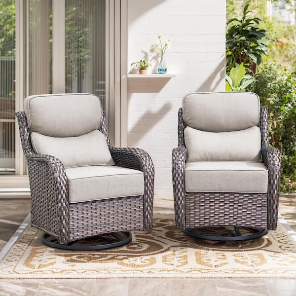 6in Thicken Brown Wicker Outdoor Swivel Rocking Lounge Chair with Cushion Guard Beige Cushions (Set 2-Pack)