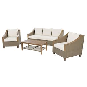 4-Piece Brown Gray Wicker Frame Outdoor Sofa Set with Wood Coffee Table and Beige Cushions for Patio Garden