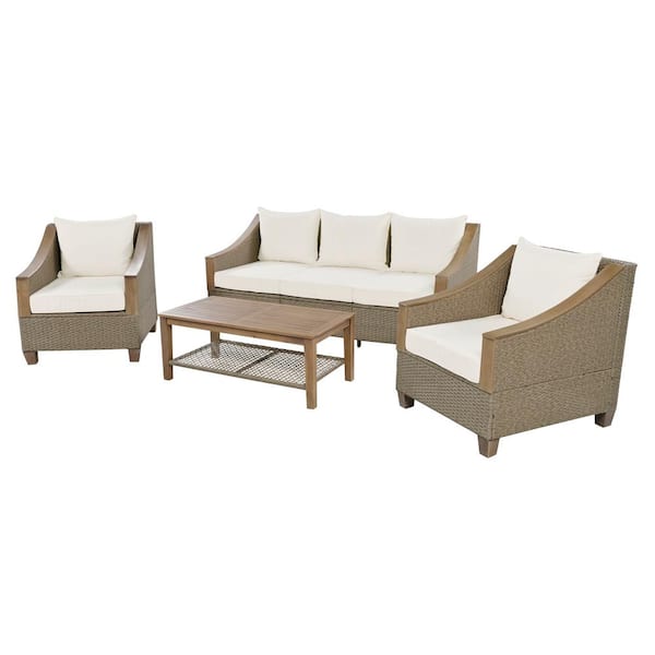 Angel Sar 4-Piece Brown Gray Wicker Frame Outdoor Sofa Set with Wood Coffee Table and Beige Cushions for Patio Garden