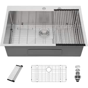30 in. Workstation Round Corner Drop-In Kitchen Sink Set, 16-Gauge 304-Stainless Steel, Single Bowl, Topmount Basin