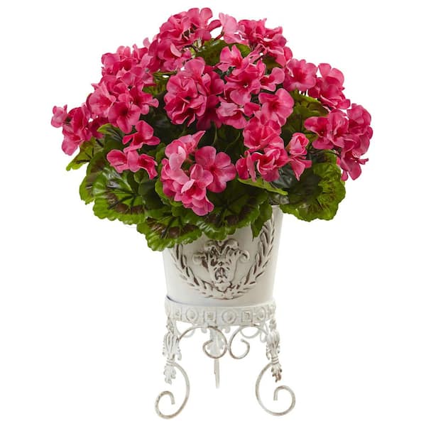 Nearly Natural Artificial Geranium with Metal Planter UV Resistant (Indoor/Outdoor)