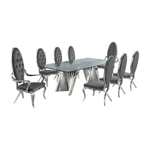 Becky 9-Piece Rectangular Glass Top with Stainless Steel Base Table Set with 6-Dark Grey Velvet Chairs and 2-Arm Chairs
