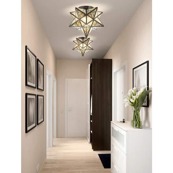 Stella 12 in. Cage Oil Rubbed Bronze Moravian Star Flush Mount Light with Mercury Glass Shade