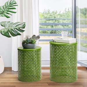 Multi-Functional Metal Green Garden Stool or Planter Stand or Accent Table or Side Table (Set of 2)