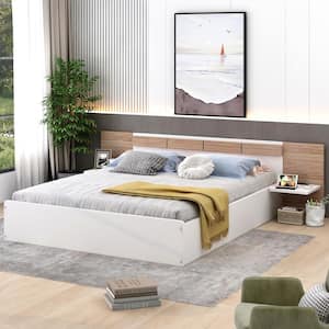 White Wood Frame Queen Size Platform Bed with Headboard, Shelves, USB Ports and Sockets