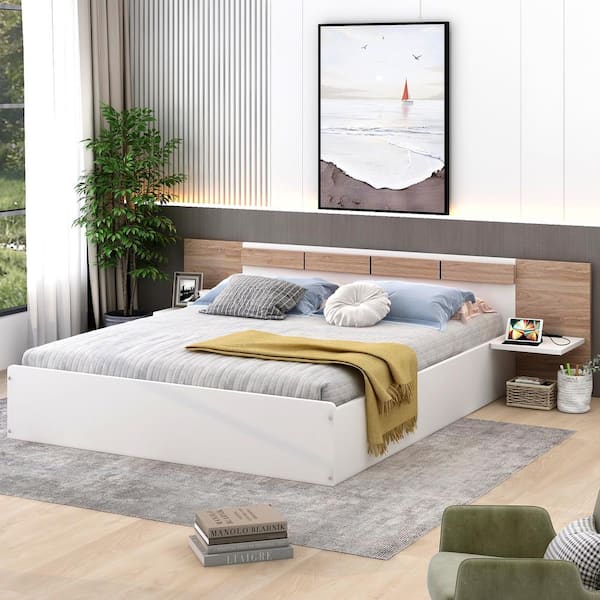 Polibi White Wood Frame Queen Size Platform Bed with Headboard, Shelves, USB Ports and Sockets