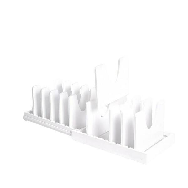 White Bamboo Expandable Freestanding Pot Rack, Adjustable Pot Lids Holder Rack, Pots and Pans Organizer for Kitchen
