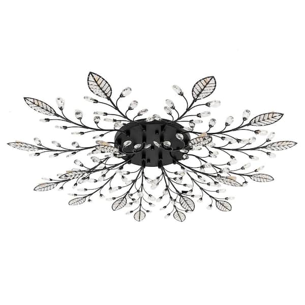 OUKANING 40.16 in. 18-Light Black Modern Luxury Crystal Flush Mount Ceiling Light with G4 Bulbs Included