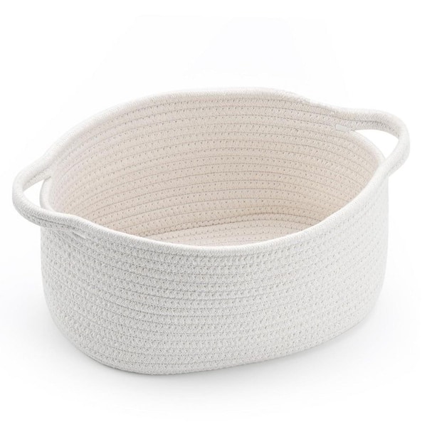 White 13 in. x 6 in. Farmhouse Chic Woven Storage Basket, Cotton Decorative Organizer Box (Set of 1)
