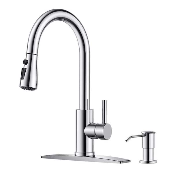 Single Handle Pull Down Sprayer Kitchen Faucet Gooseneck Kitchen Sink Faucet with Soap Dispenser in Chrome