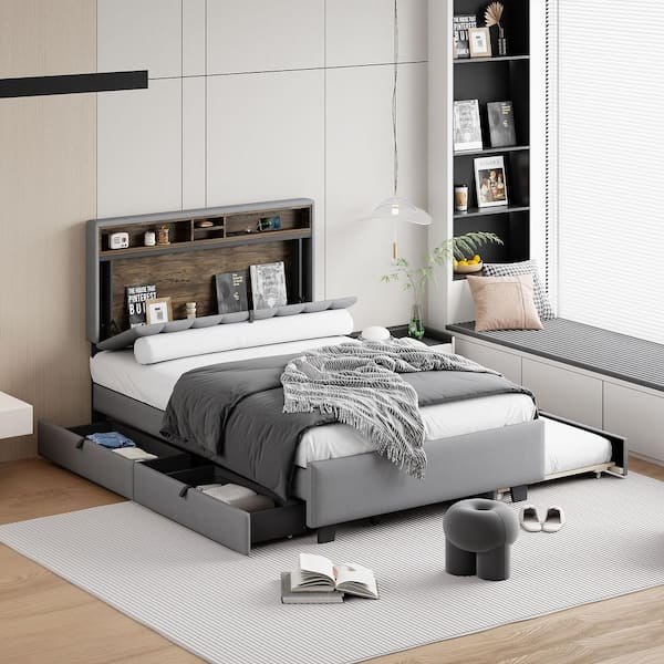 Harper & Bright Designs Gray Wood Frame Full Linen Fabric Platform Bed with Storage Headboard, Twin XL Trundle, Drawers, Sockets and USB Ports