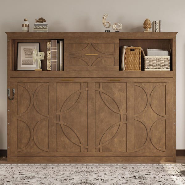 Brown Wood Frame Twin Murphy Bed with Charging Station and Drawer