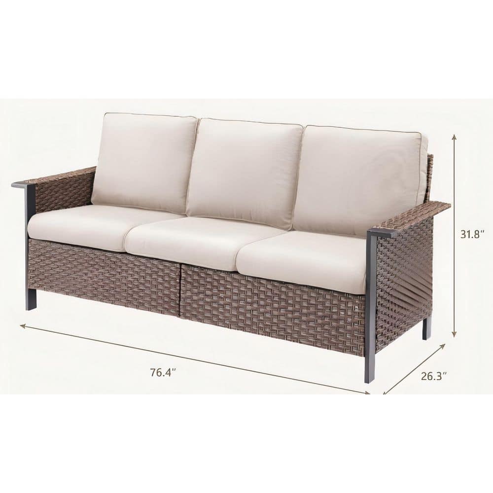 Brown PE Wicker 3-Seater Sofa Recliner with Beige High-Density Foam Cushions price history on PriceWatchPro