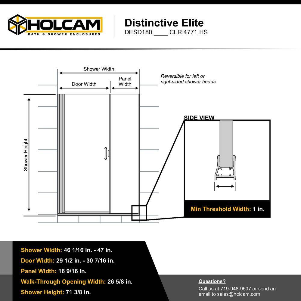 Distinctive Elite 47" Brushed Nickel Semi-Frameless Hinged Shower Door