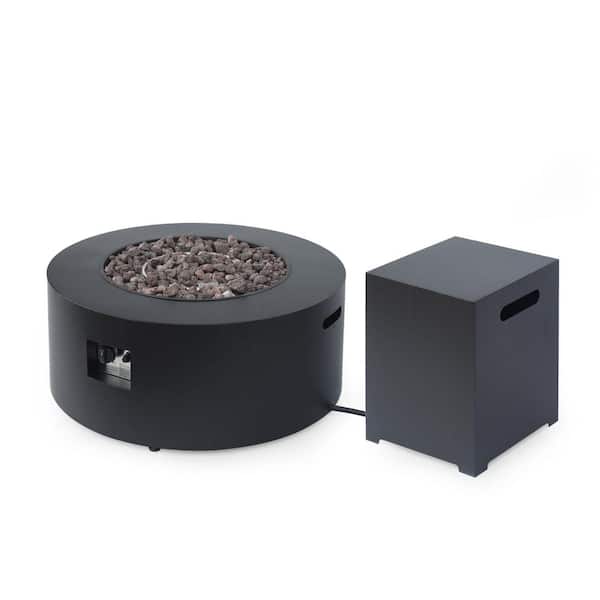 Noble House Wellington 15.25 in. x 19.75 in. Round Concrete Propane Fire Pit in Dark Grey with Tank Holder