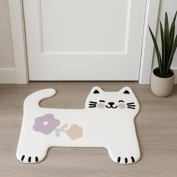2 ft. x 3 ft. White Kitty Cat And Flowers Youthful Washable Area Rug