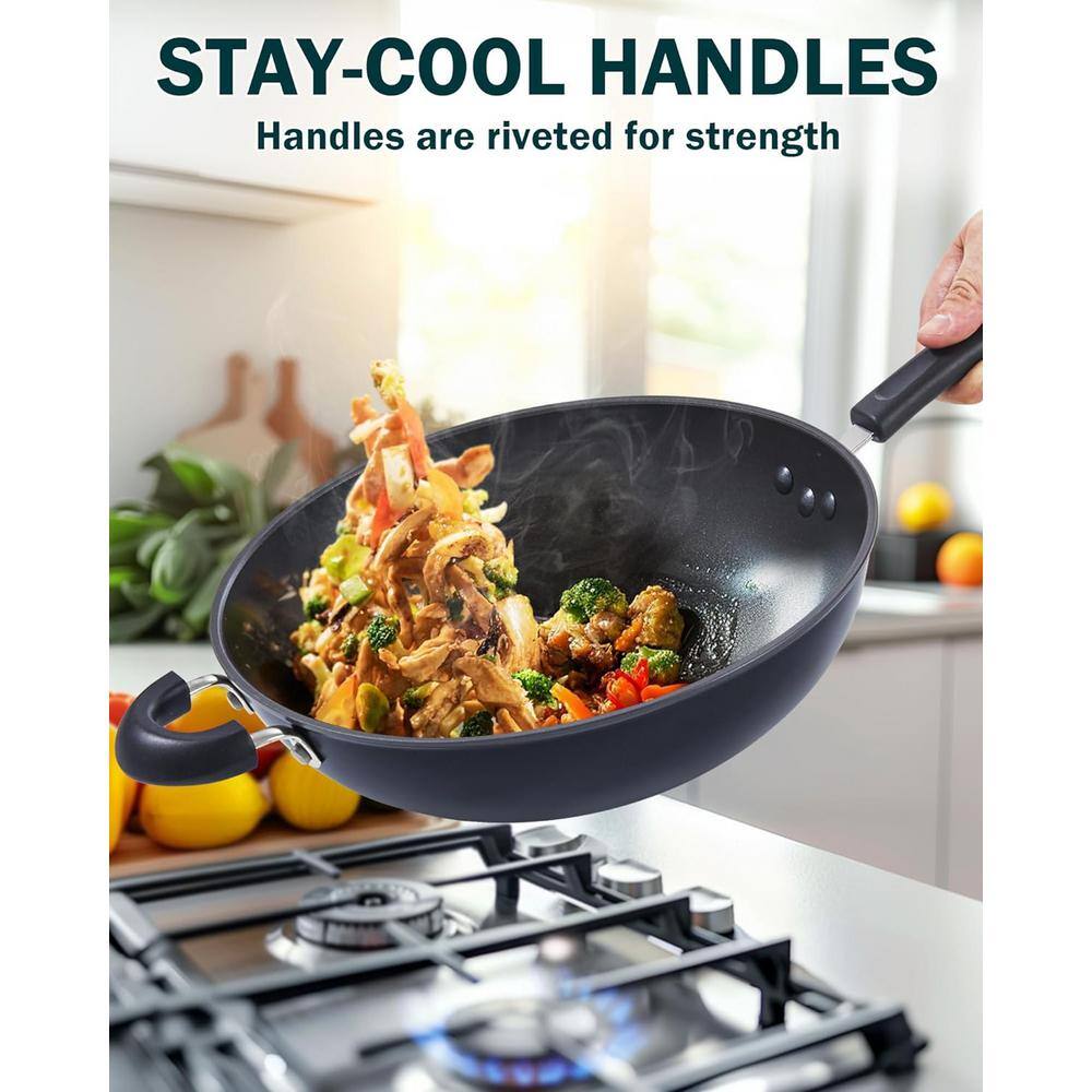 12-Inch Black Hard Anodized Nonstick Wok with Lid