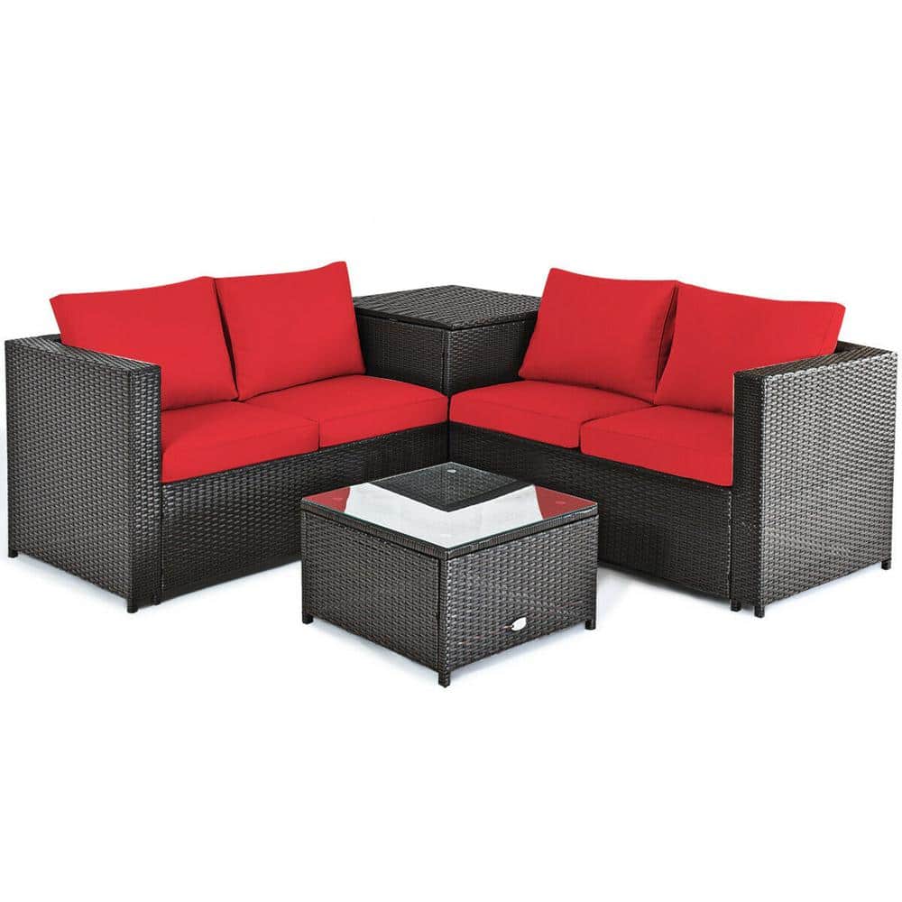 4-Piece Wicker All Weather PE Garden Outdoor Patio Conversation Sofa Set with Red Cushions, Storage Box price history on PriceWatchPro