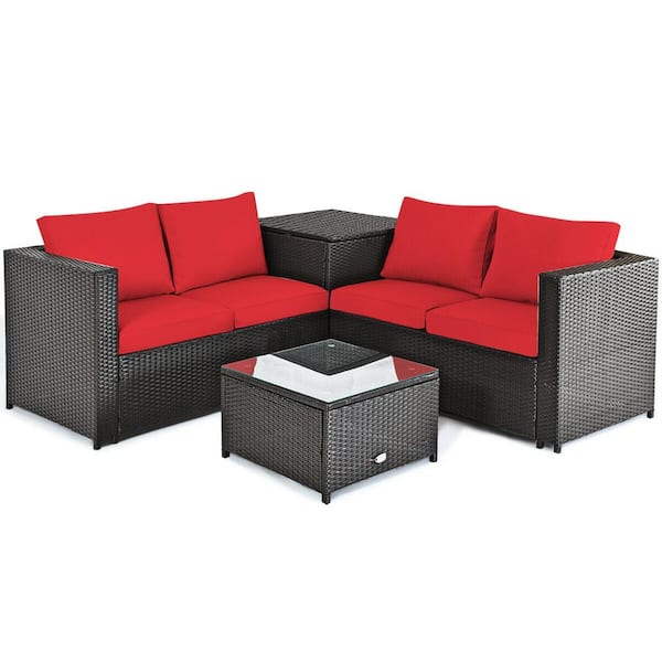 ANGELES HOME 4-Piece Wicker All Weather PE Garden Outdoor Patio Conversation Sofa Set with Red Cushions, Storage Box