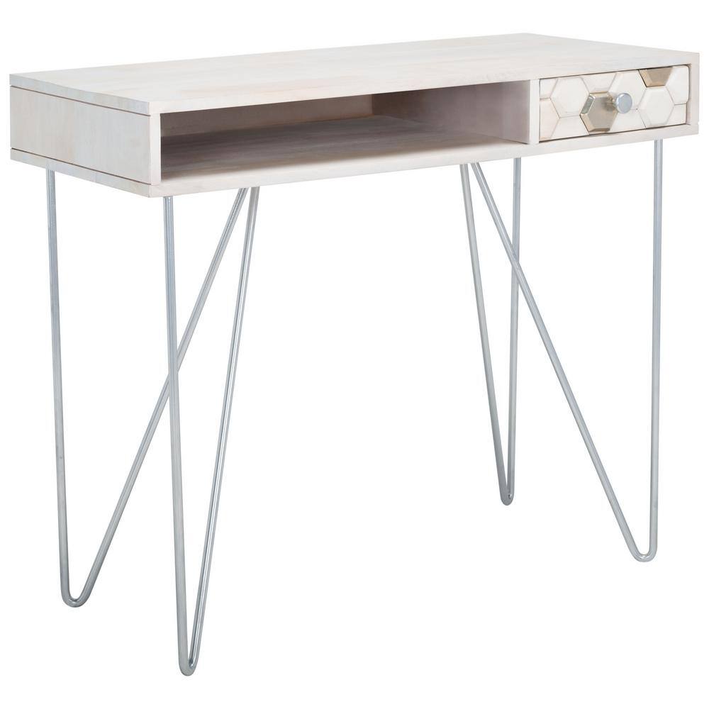White Wood Writing Desk with Drawer and Hairpin Legs