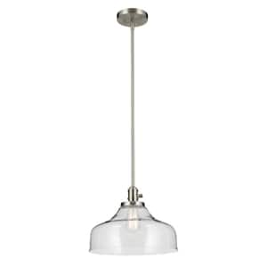 Avery 14.5 in. 1-Light Brushed Nickel Vintage Industrial Shaded Bell Kitchen Hanging Pendant Light with Seeded Glass