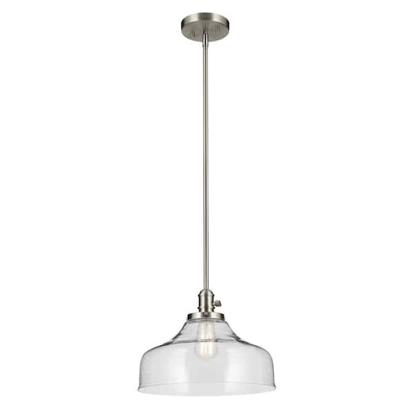 KICHLER Avery 14.5 in. 1-Light Brushed Nickel Vintage Industrial Shaded Bell Kitchen Hanging Pendant Light with Seeded Glass