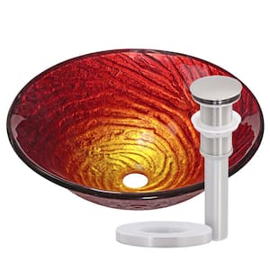 Misto Artisan Hand-Painted Tempered Glass Round Vessel Sink with Drain in Brushed Nickel