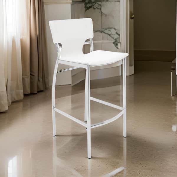 Benjara 26 in. White and Chrome Low Back Metal Frame Bar Stool with Leather Seat (Set of 2)
