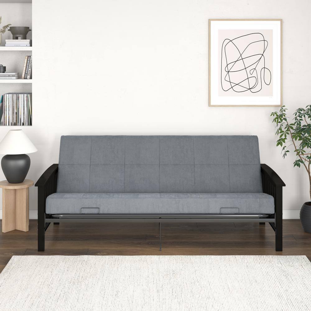 REALROOMS Elbi Full Size Wood Arm and Black Metal Futon Frame, Espresso