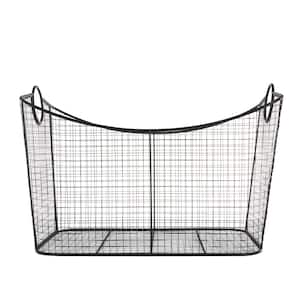 Black Metal in Wire Grid Storage Basket with Curved Sides and Ring Handles