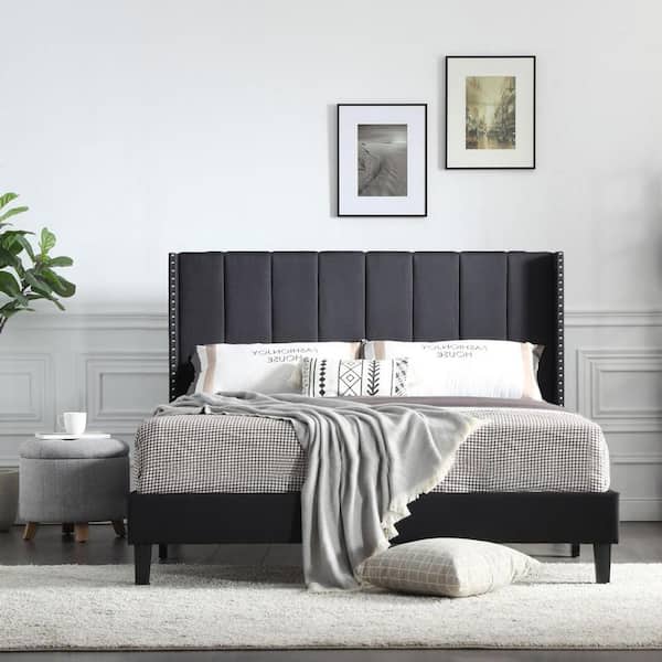 Upholstered Fabric Queen Size Platform Bed Frame With Wood Slats in Gray 