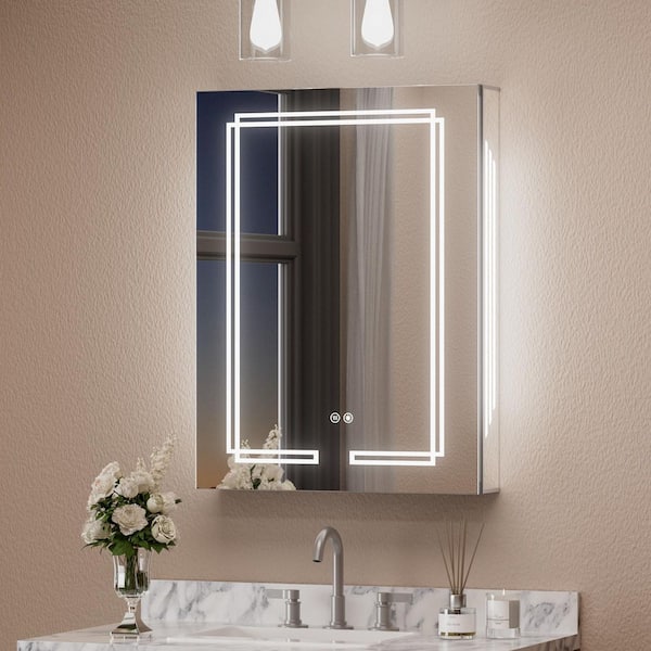 KeonJinn 24 in. W x 32 in. H Rectangular Aluminum Surface Mount LED Medicine Cabinet with Mirror and Lighted, Defogger