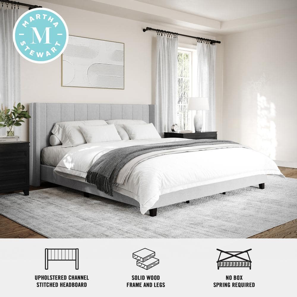 Gray King Upholstered Platform Bed with Linen Wingback Headboard