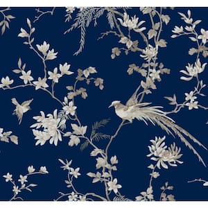 Ronald Redding Blue Bird and Blossom Chinoserie Paper Unpasted Matte Wallpaper (27 in. x 27 ft.)