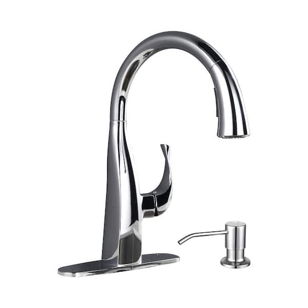 VEVETTA 15 in. Single Handle 360° Pull Down Sprayer Kitchen Faucet with Soap Dispenser in Polished Chrome