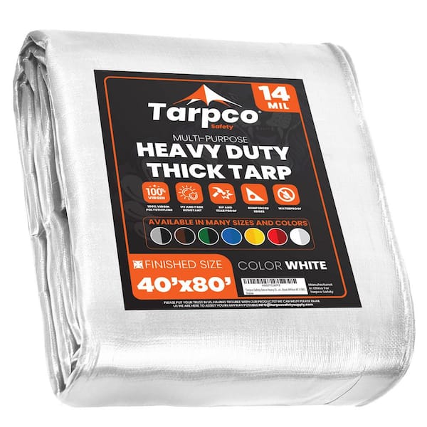 TARPCO SAFETY 40 ft. x 80 ft. White 14 Mil Heavy Duty Polyethylene Tarp, Waterproof, UV Resistant, Rip and Tear Proof