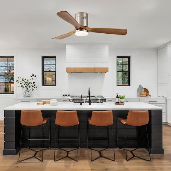 52 in. Nickel Burly Wood Flush Mount Ceiling Fan with Dimmable LED Light and Remote