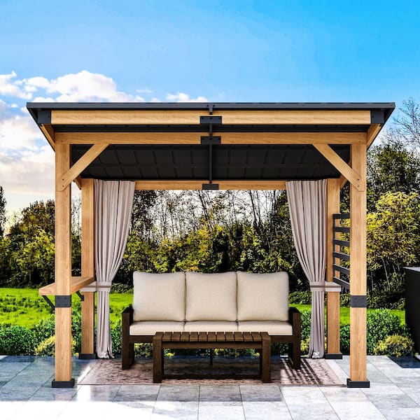 JOYSIDE 11 ft. x 10 ft. Solid Cedar Wood Outdoor Patio Gazebo with Black Galvanized Steel Roof and Privacy Curtain