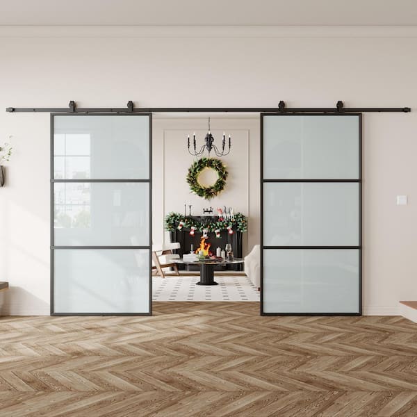 84 in. x 84 in. (Double 42 in doors) 3 Lite Frosted Glass Black Metal Frame Interior Sliding Barn Door with Hardware kit