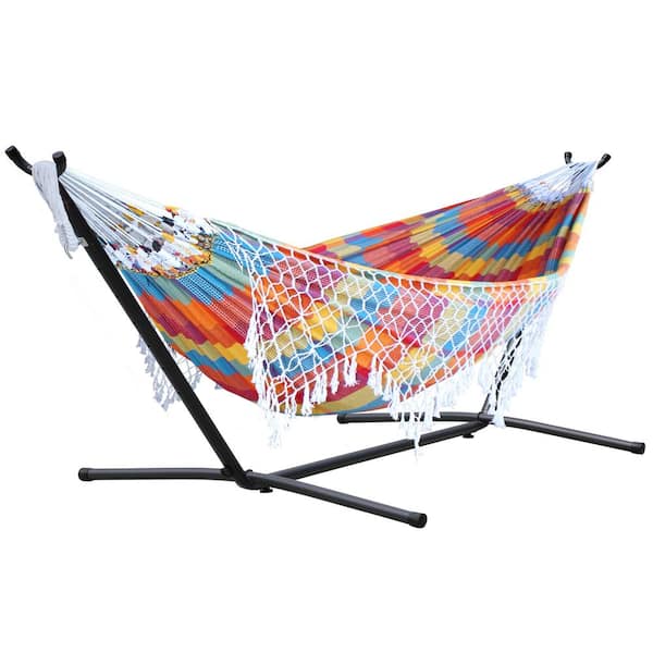 Vivere Authentic Brazilian 10 ft. Free Standing Cotton Fabric Hammock with Stand Included in Carnival