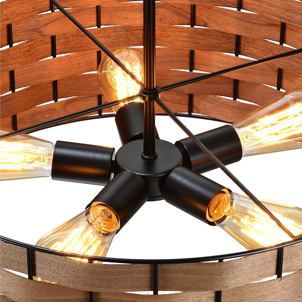 Walnut Wood Veneer Drum Pendant Chandelier with Black Metal Frame