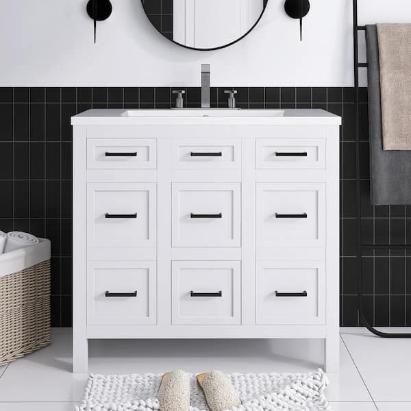 JimsMaison 36 in. W x 18 in. D x 34 in. H Single Sink Freestanding Bath Vanity in White with White Cultured Marble Top