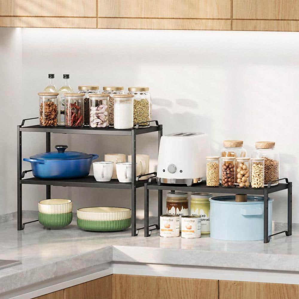 Etokfoks Black 11 Width Metal Expandable Kitchen Cabinet Organizer Shelf with Adjustable Length Height Stackable Design 2 Pack