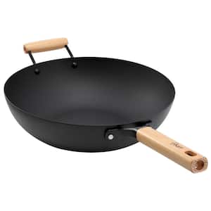 Northcliffe 13.5 in. Round Carbon Steel Flat Base Wok with Wooden Handles