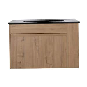 29.13 in. W x 17.91 in. D x 18.9 in. H Single Sink Wall Mounted Bath Vanity in Imitative Oak with Black Ceramic Top