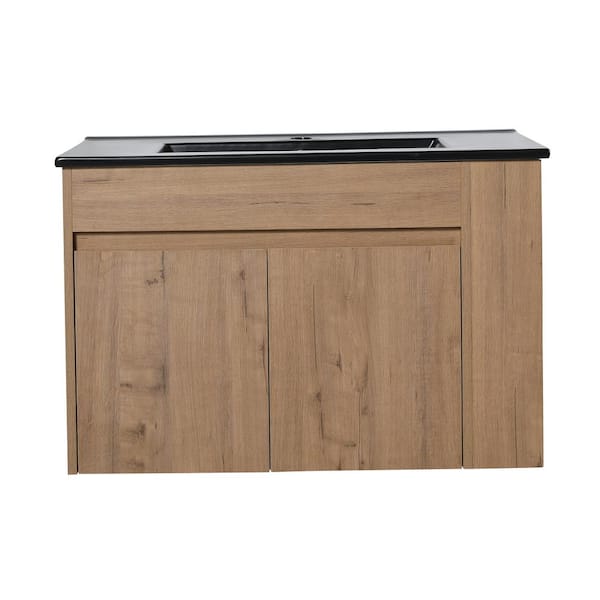 Boosicavelly 29.13 in. W x 17.91 in. D x 18.9 in. H Single Sink Wall Mounted Bath Vanity in Imitative Oak with Black Ceramic Top