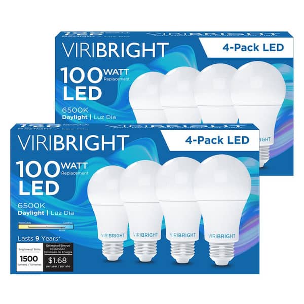 Viribright 100-Watt Equivalent A19 E26 Dimmable Energy Star General Purpose LED Light Bulb 2700K - 8 Pack